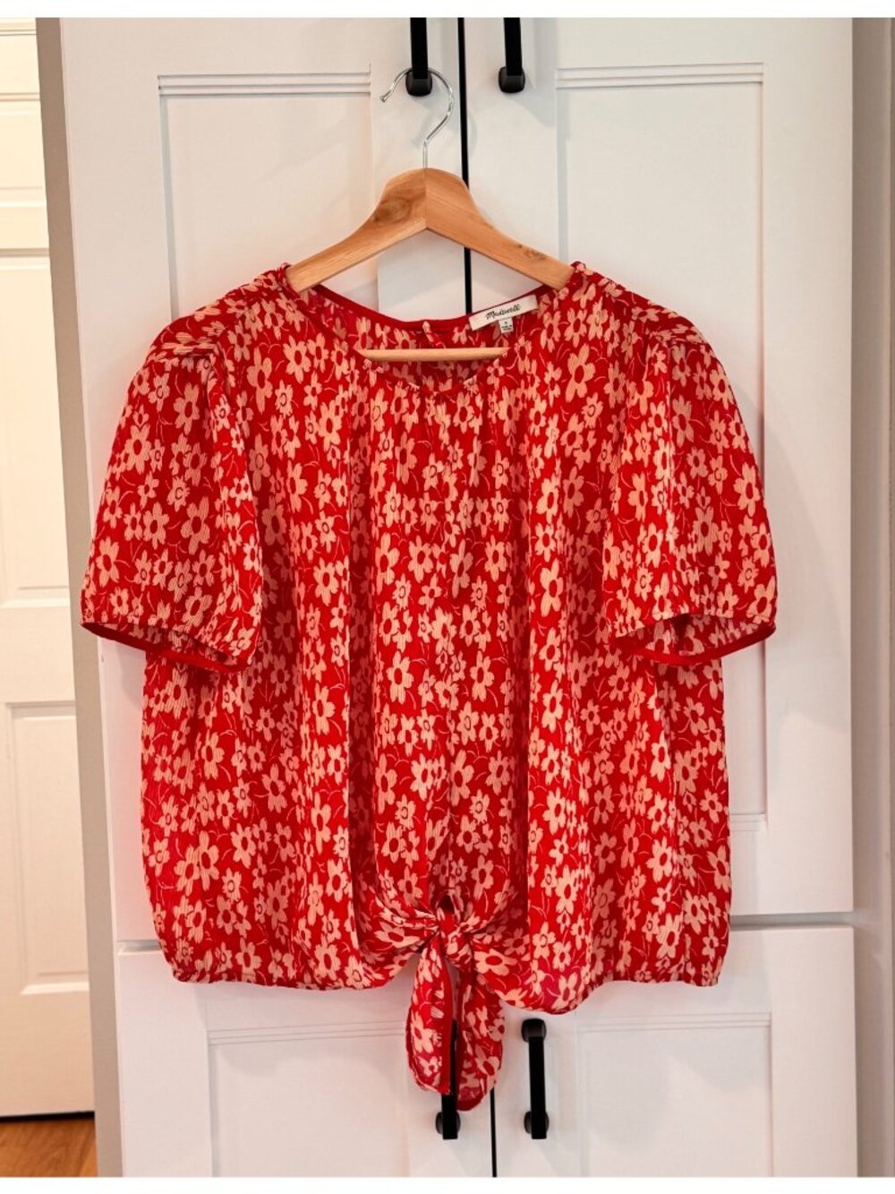 Madewell Short Sleeve Tie Front Button Back Red Orange Floral Blouse Size Small